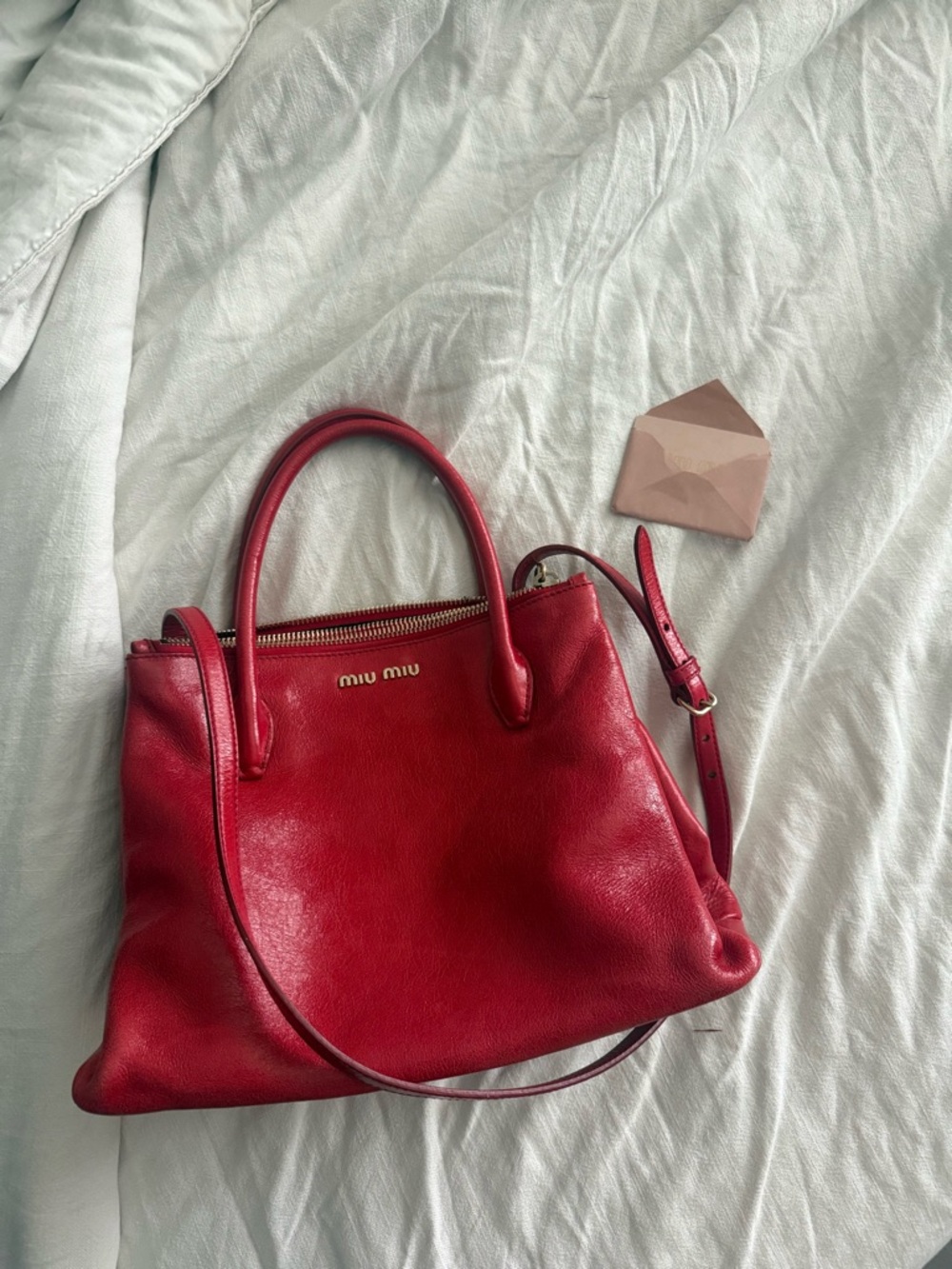 Miu Miu Red Leather Satchel with Top Handles and Strap